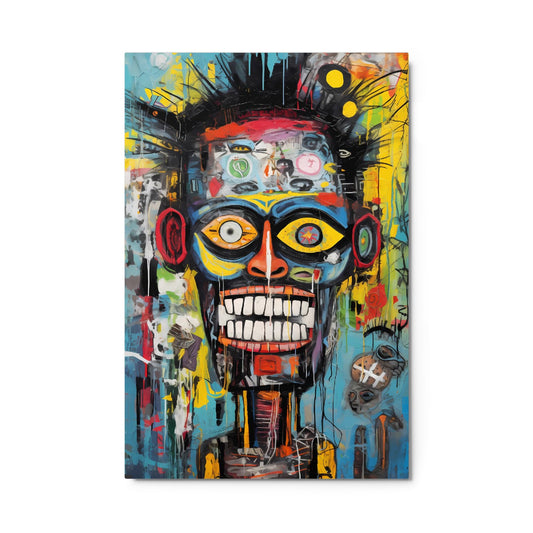 "Tribal Grin" glossy metal poster 24"x36" product photo on white background, close-up modern aluminum wall art featuring a vibrant graffiti skull with tribal face, oversized teeth, bright yellow eyes, teal/blue and orange splashes, glossy finish, by GiveMeMood