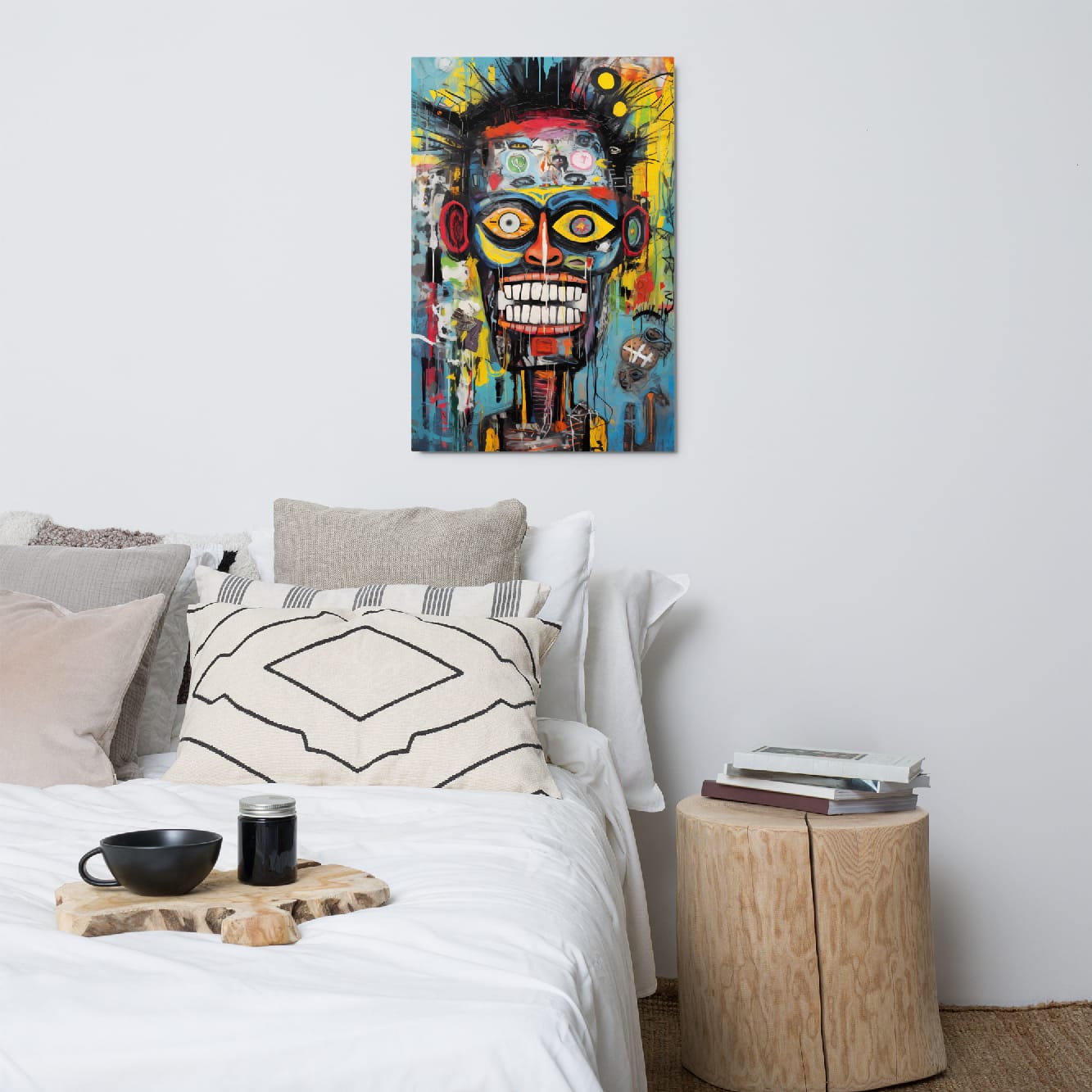 "Tribal Grin" glossy metal poster 24"x36" above bed in a modern bedroom, edgy graffiti skull wall decor with colorful tribal mask face, wild grin, yellow/orange and teal palette, and dripping abstract textures, by GiveMeMood