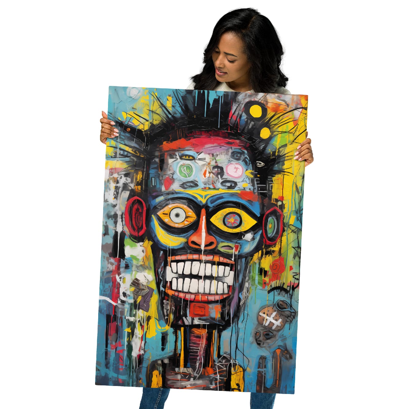 "Tribal Grin" glossy metal poster 24"x36" held by model, oversized modern aluminum wall art print with abstract graffiti skull, tribal mask features, intense yellow eyes, wide grin, and multicolor paint-drip background, by GiveMeMood