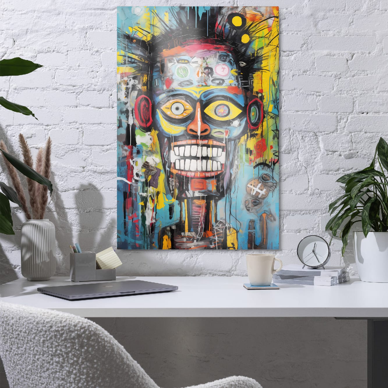 "Tribal Grin" glossy metal poster 24"x36" in a home office above desk on white brick wall, modern street-art skull portrait with colorful tribal face, toothy grin, yellow/orange accents, teal background, and dripping graffiti texture, by GiveMeMood