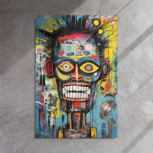 "Tribal Grin" glossy metal poster 24"x36" on textured concrete wall with diagonal window-light shadows, bold graffiti skull artwork with tribal mask look, bright yellow eyes, wide grin, teal/blue and orange splashes, and drippy paint details, by GiveMeMood