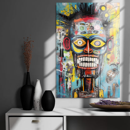 "Tribal Grin" glossy metal poster 24"x36" on modern gray wall above console decor with window-light shadows, vibrant abstract graffiti skull portrait with tribal face, intense yellow eyes, huge toothy grin, teal/blue background and yellow/orange street-art texture, by GiveMeMood