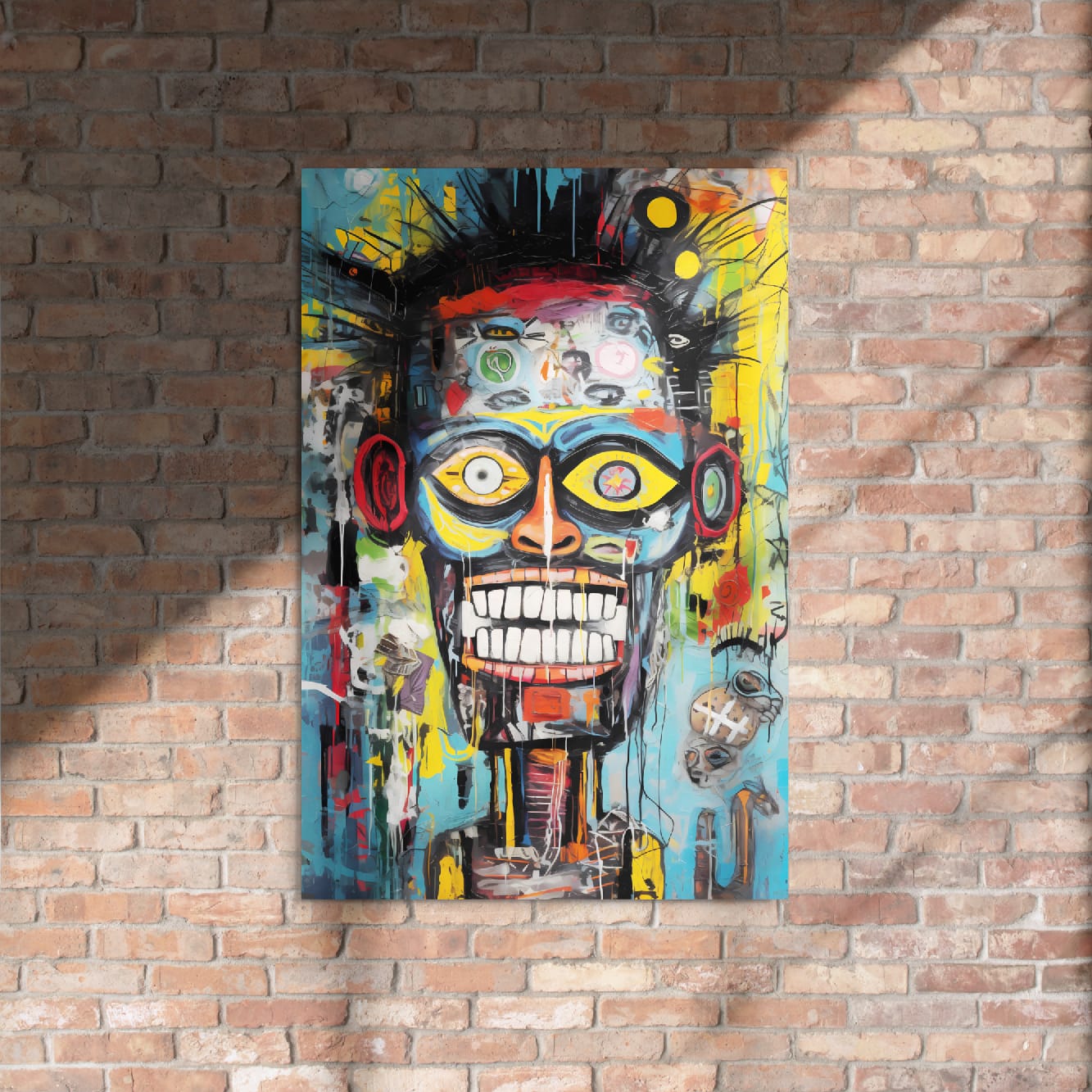 "Tribal Grin" glossy metal poster 24"x36" on rustic brick wall with sun shadows, abstract graffiti skull portrait with turquoise/blue face, wide toothy grin, bold yellow/orange eyes, black spiky hair, and paint-drip street-art details, by GiveMeMood