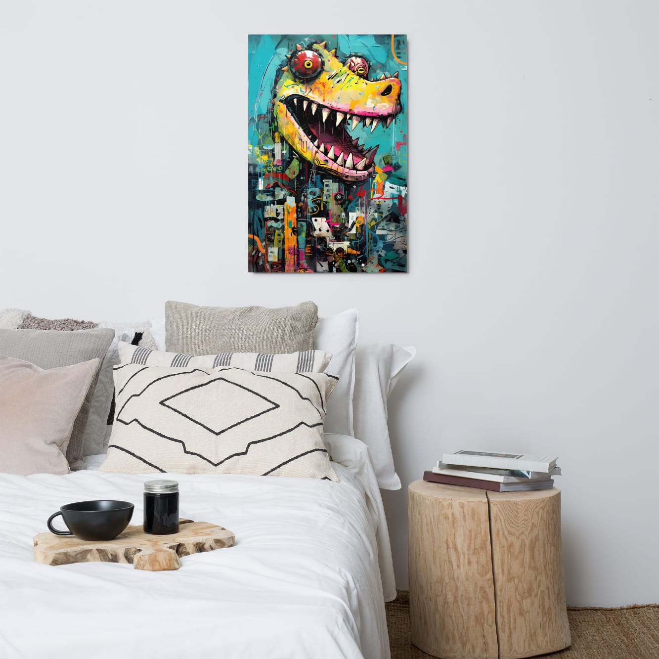 "Grinning Predator" glossy metal poster 24"x36" above bed in a modern bedroom, bold crocodile metal wall decor with teal backdrop, vibrant urban paint layers, and playful toothy grin, by GiveMeMood