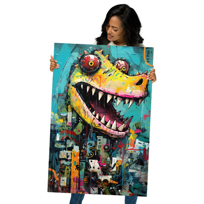 "Grinning Predator" glossy metal poster 24"x36" held by model, oversized graffiti crocodile aluminum wall art with teal/turquoise background, multicolor spray-paint textures, and dramatic toothy grin, by GiveMeMood