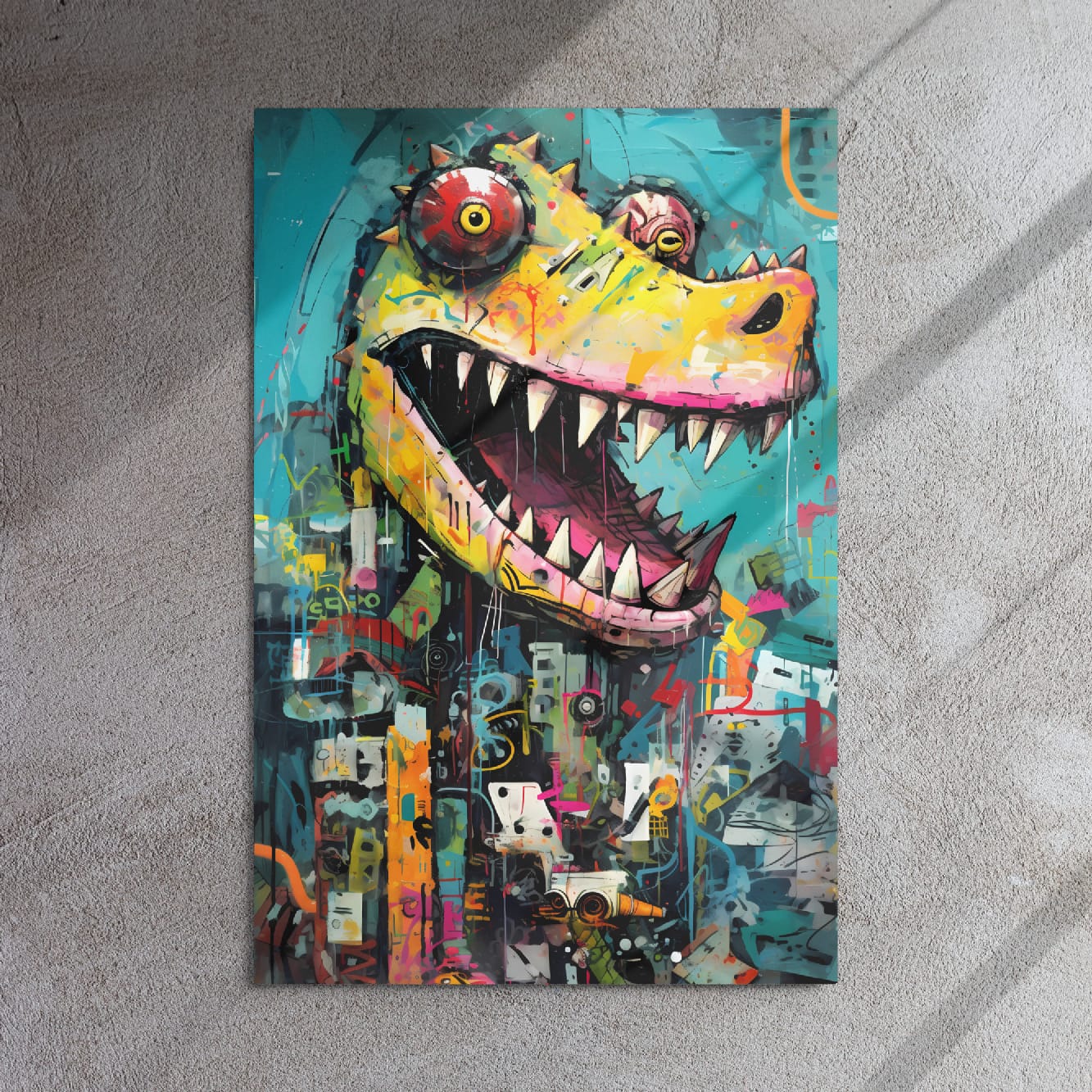 "Grinning Predator" glossy metal poster 24"x36" on textured concrete wall with diagonal window-light shadows, contemporary graffiti crocodile head with turquoise background, neon yellow snout, sharp teeth highlights, and dripping paint accents, by GiveMeMood
