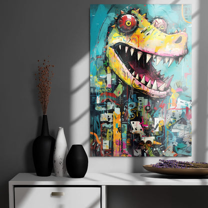 "Grinning Predator" glossy metal poster 24"x36" on modern gray wall above console decor with window-light shadows, graffiti crocodile head with teal/turquoise background, neon yellow snout, wide toothy grin, and paint-drip street-art details, by GiveMeMood